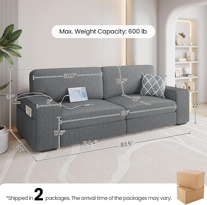 Yaheetech 83.5 W Modern Sofa Couch Corduroy Fabric Sofa with Detachable Cover USB Charging Ports &amp Side Storage Pockets for Living Room Apartment Dark Gray