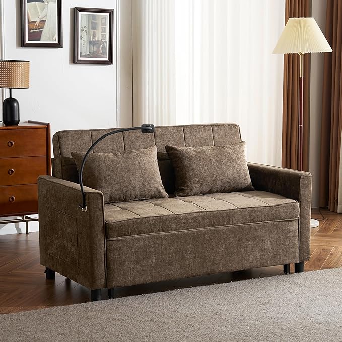 Zateety 3-in-1 Loveseat Sofa Bed Adjustable Backrest 56.9 Pull Out Sofa Bed Soft Chenille Sofa Couch with Large Pockets and Lumbar Pillows Sleeper Couch for Small Space