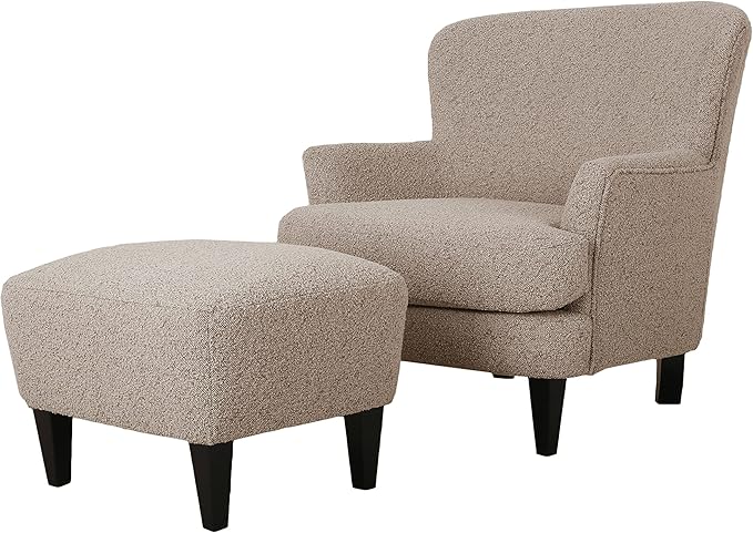 Christopher Knight Home Winnie Boucle Upholstered Wingback Club Chair and Ottoman Set Birch Wood Legs Living Room Accent Armchair with Footrest Bedroom/Reading Room Warm Stone Gray+Matte Black