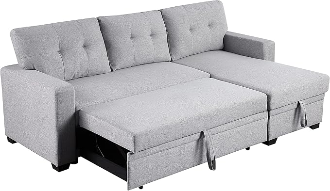 ERYE 82-inch Pull Out Sleeper Couch Bed L-Shaped Reversible Sleeper Sectional Sofa Linen Blend Tufted Upholstered Corner Convertible Sofa Bed with Storage Chaise