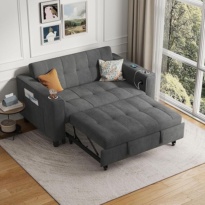 LINSY Sleeper Sofa Bed 54 Pull Out Couch with Charging Station &amp Cup Holder Small 3 in 1 Convertible Loveseat Sleeper Couch for Apartment Dorm Room Bedroom and Small Space Corduroy Gray