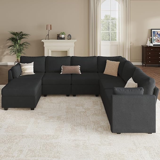 Modular Sectional Sofa Couches Large Convertible Modular Couches with Storage 7-Seater Sectional Sofa for Living Room U Shaped Sectional Couch Sleeper Sofa with Chaise (Black 7 Seats)