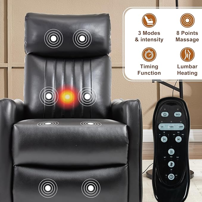 Manual Swivel Rocker Recliner Chair for Adults Overstuffed Recliner Glider with Massage and Heat Living Room Reclining Chair PU Leather Black