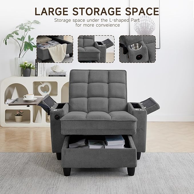 Single Modern Comfy Upholstered Chaise Lounge Sofa Chair with Rotating Side TableStoragePillowUSB Charging Ports and Adjustable Backrest Perfect for Living Room Small Spaces (Dark Gray)