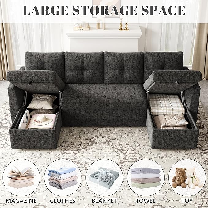 Oversized Sleeper Sofa Couch 110 inch 2 in 1 Pullout Couch Bed with Side Pockets for Living Room Sectional Sleeper Sofa Bed with Double Storage Chaise Black