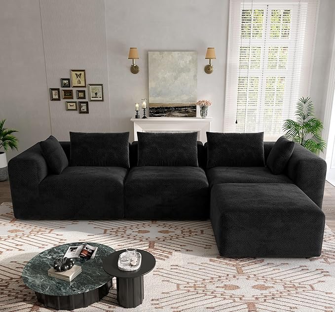 103 Boneless Sectional Couch Sofa - Black Cloud Couches for Living Room Faux Fur Modular Sofas with Deep Seat L-Shaped Couch with Movable Ottoman No Assembly Required