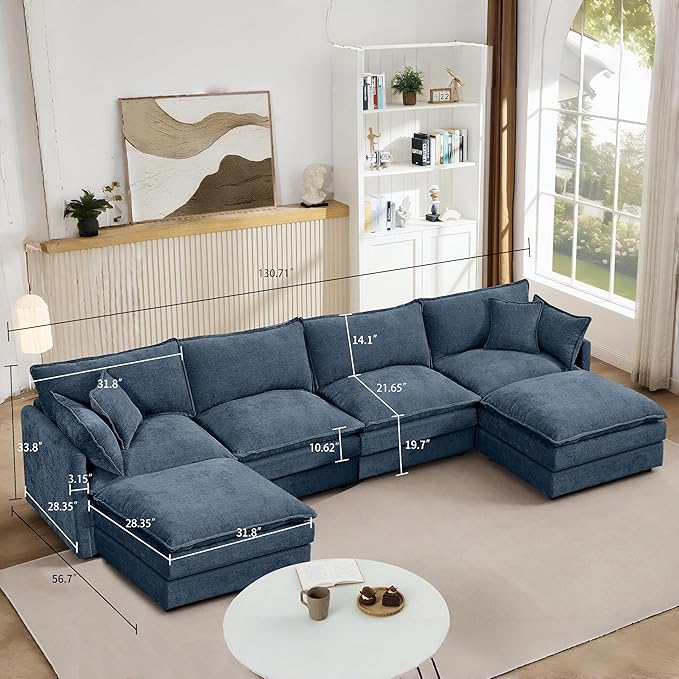 Eafurn 130.71 Oversized Reversible Modular Sectional Sofa Couch with 2 Ottomans - Deep Seat Chenille Modern U Shaped Sofa with Thickness Cushions and Pillows for Living Room Bedroom