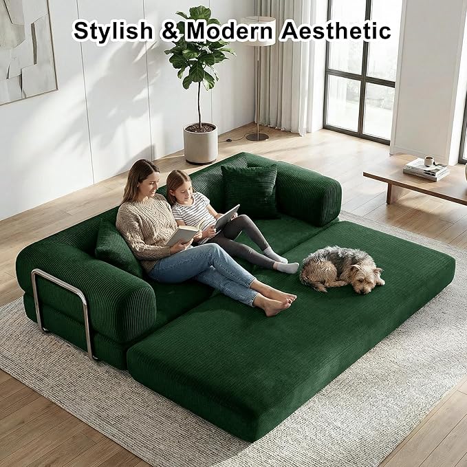 78 Inch Folding Convertible Sofa Bed 4-in-1 Oversized Cloud Corduroy Upholstered Boneless Couch Loveseat Sleeper with Pull Out Bed Modular Futon Floor Sofa Couch for Living Room Bedroom Lounge