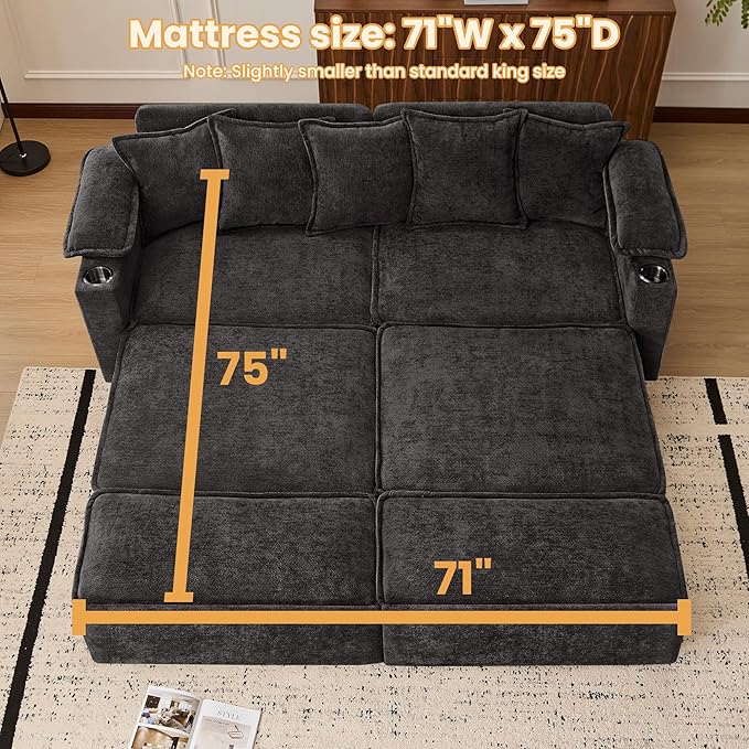 SUNWAVE 83 King Size Pull Out Sofa Bed 4-in-1 Convertible Sleeper Sofa Bed with USB Ports Cup Holders Side Pockets Corduroy Oversized Loveseat Chaise Lounge for Living Room Small Space