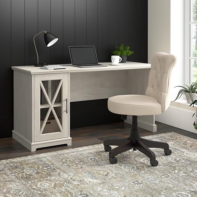 Bush Furniture Lennox 60W Farmhouse Desk with Storage Cabinet in Linen White Oak | Computer Table for Home Office Workspace