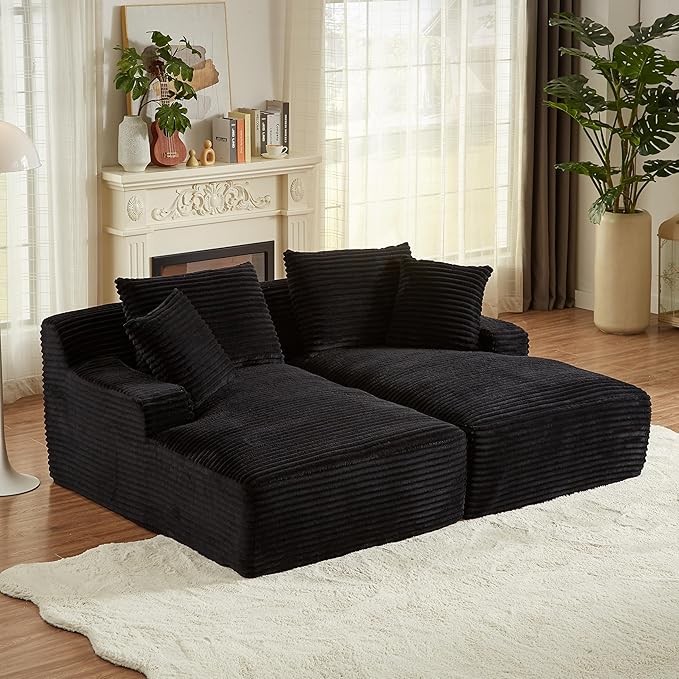 Oversized Double Chaise Lounge Loveseat Cozy Cloud Couch Fluffy Corduroy Upholstered Sleeper Sectional Sofa Lounger Daybed with Throw Pillows and Wide Armrest for Living Room No Assembly Required