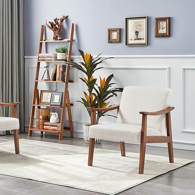 Yaheetech Fabric Accent Chair Mid-Century Modern Armchair with Solid Wood Legs Reading Leisure Chair with High Back for Living Room Bedroom Waiting RoomIvory