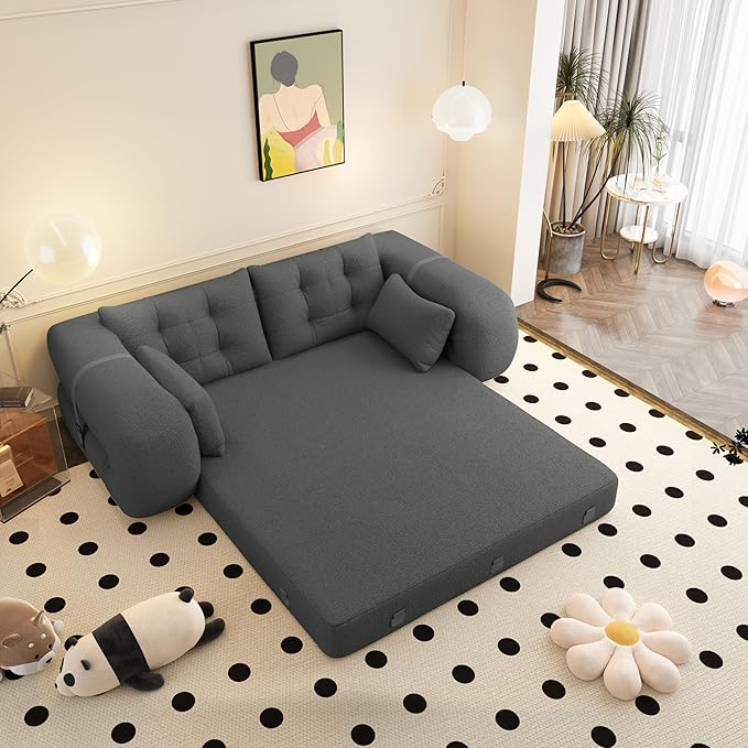 LUMISOL 78.7 Multi-Functional Foldable Sofa Bed 3-in-1 Teddy Fabric Foam-Filled Sleeper Sofa Bed for Living Room Guestroom Playroom Gray
