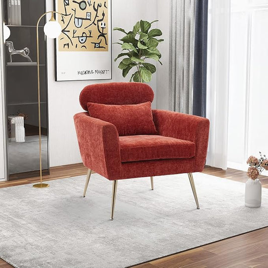 29.5W Modern Chenille Accent Chair Armchair Upholstered Reading Chair Single Sofa Leisure Club Chair with Gold Metal Leg and Throw Pillow for Living Room Bedroom Dorm Room Office Terracotta Chenille