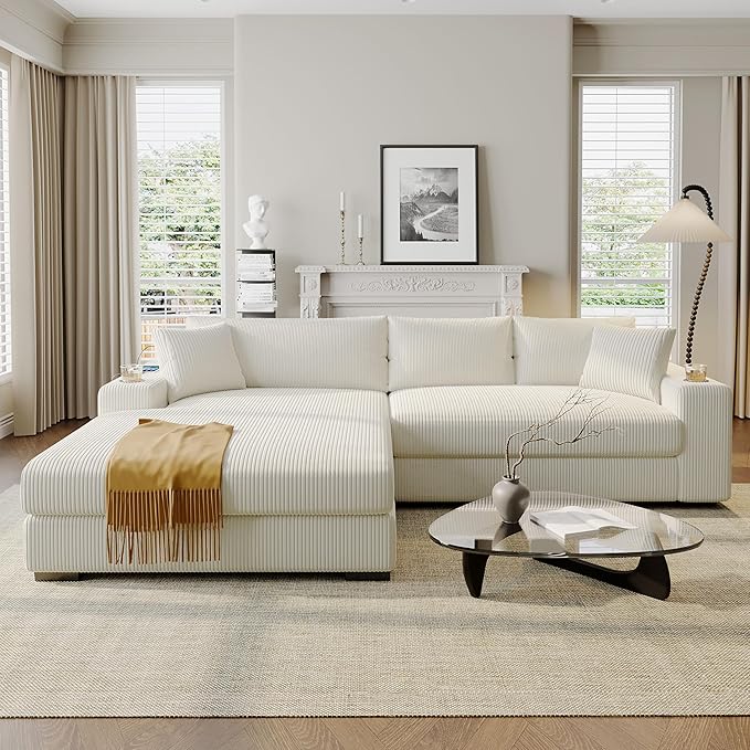 Ball &amp Cast Oversized L-Shaped Sectional Sofa with ChaiseLarge Comfy Upholstered Couch W/Thick CushionBuilt-in Cup Holders &amp Charging PortsWide &amp Thick Armrests &amp Seat Designfor Li