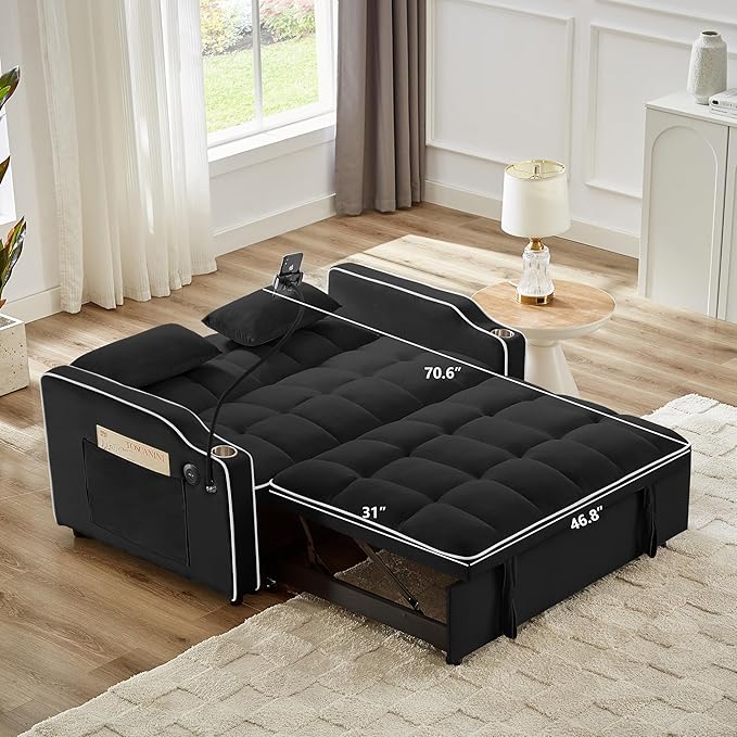 KINFFICT Sleeper Sofa Couch Bed with Phone Holder Modern 3-in-1 Convertible Velvet Pull Out Loveseat Futon Sofa with USB &amp Type C Port &amp Cup Holder for Living Room Bedroom Office