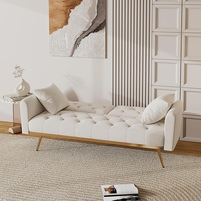 Modern Velvet 2 in 1 Futon Sofa BedConvertible Folding Sleeper Bed Couches with 2 Pillows73 Tufted Recliner Love Seat with Golden Chrome Legs for Living Room Apartment Office (Beige-New)