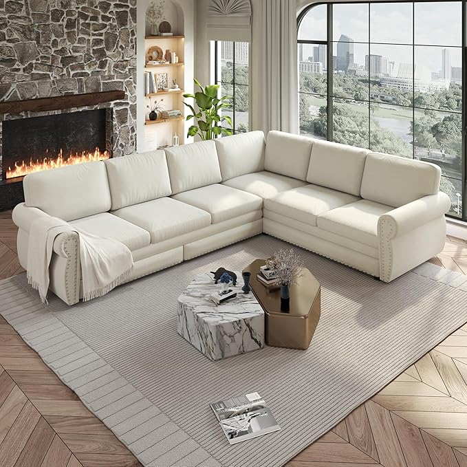118 L Shaped Sectional Sleeper Sofa Couch with Pull Out Bed Oversized Chenille Convertible Sectional Couches with Nailhead Trim &amp Rolled Arm for Living Room Removable Sofa CoverBeige