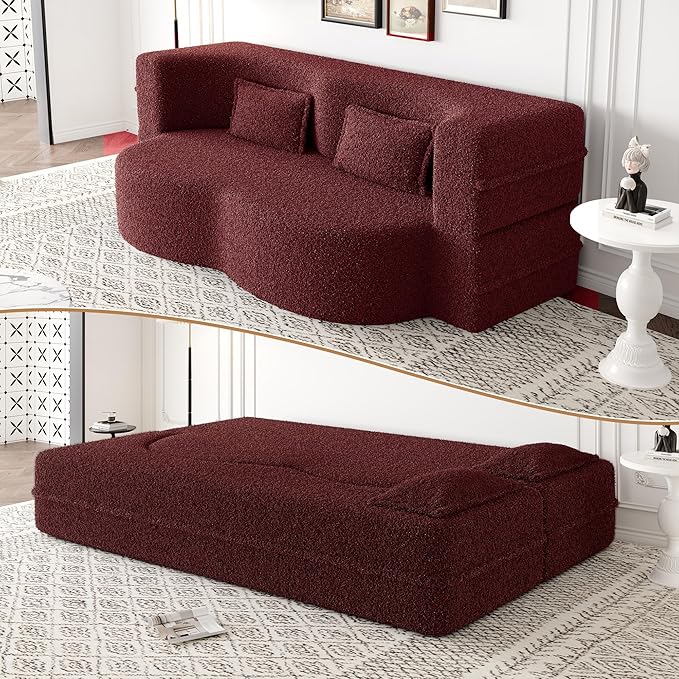 Aoowow Folding Sofa Bed 78” Convertible Sleeper Sofa with Pillows Modern Teddy Fabric Floor Loveseat Couch Comfy Foam Filled Couches Folding Mattress for Living RoomBurgundy