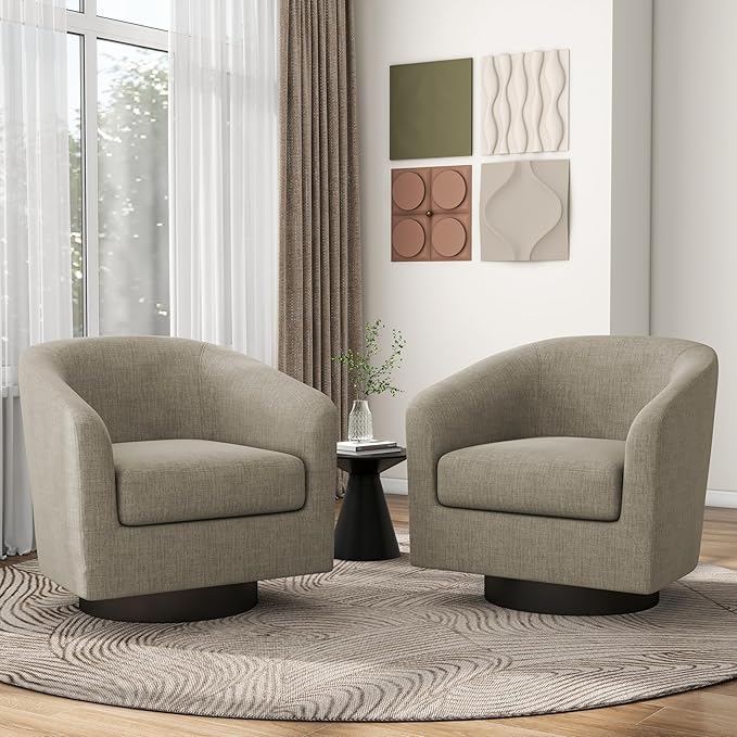 Pia Ricco Swivel Barrel Accent Chairs Set of 2 360° Swivel Round Sofa Chair Comfy Upholstered Fabric Single Sofa Club Armchair for Living Room/Reading Room/Bedroom Light Brown