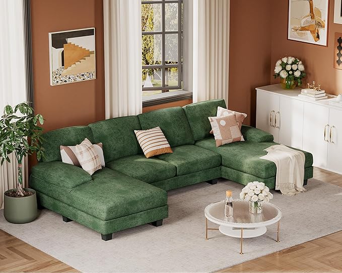 JUMMICO Sectional Couches for Living Room U Shaped Couch with Chenille Fabric 4 Seat Modern Sofa with Removable Pillows for Apartment and Small Space (Fabric Green)