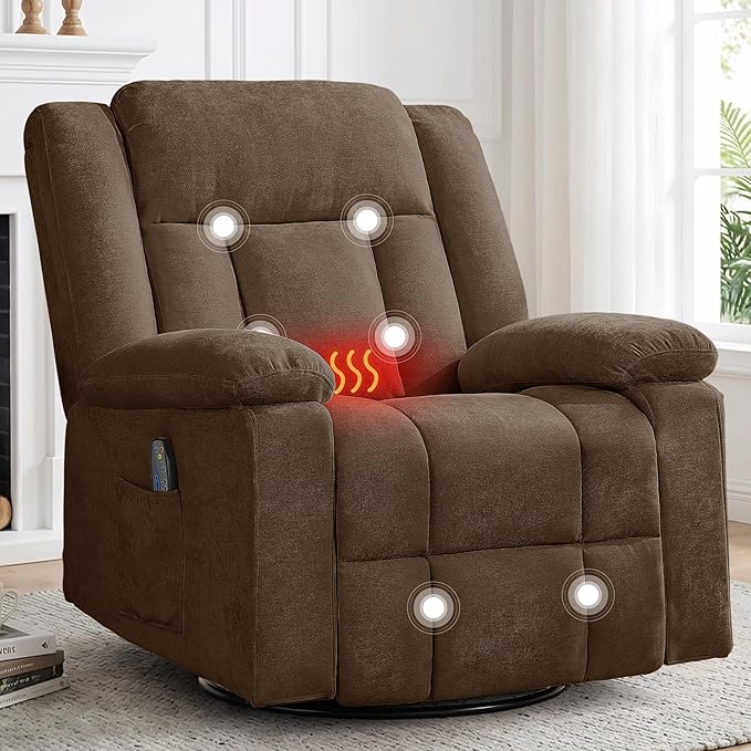 Rocker Recliner Chair for Adults 360° Swivel Rocker Recliner with Massage and Heating Nursery Rocking Chairs with Side Pockets Manual Reclining Chair for Living Room Bedroom or Nursery