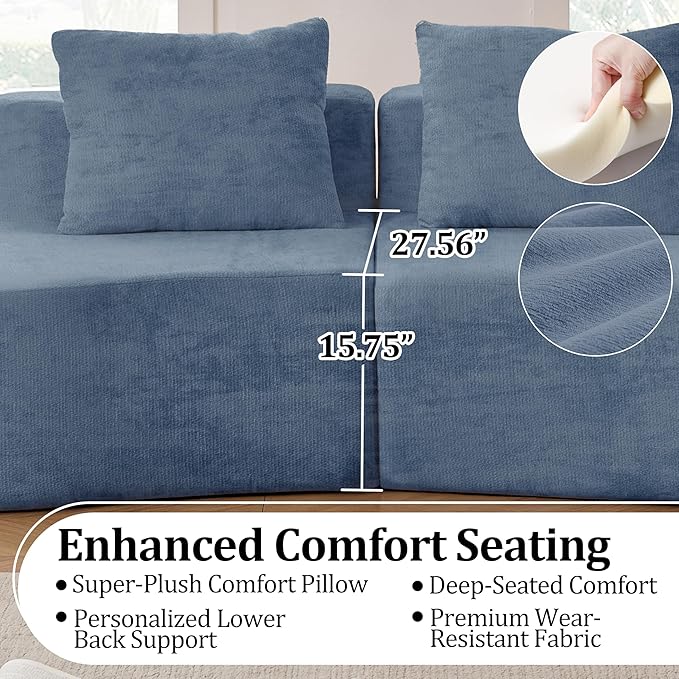 94.5'' Curved Modular Sectional Long Sofa Modern Cloud Boneless Deep Seat Couch in a Box Plush Chenille Compressed Upholstered Lounge Sofa for Living Room No Assembly Required Blue 2 Pillows