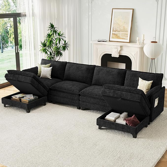 140 U-Shaped Modern Modular Sectional Sofa Chenille Cloud Couch with Storage Ottoman Deep Seat Couches with Side Pocket for Living Room Bedroom and Apartment Dark Grey