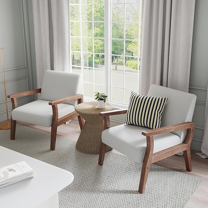 HNY Mid Century Modern Accent Chairs with Wood Frames Linen Upholstered Living Room Arm Chairs for Living Room Bedroom