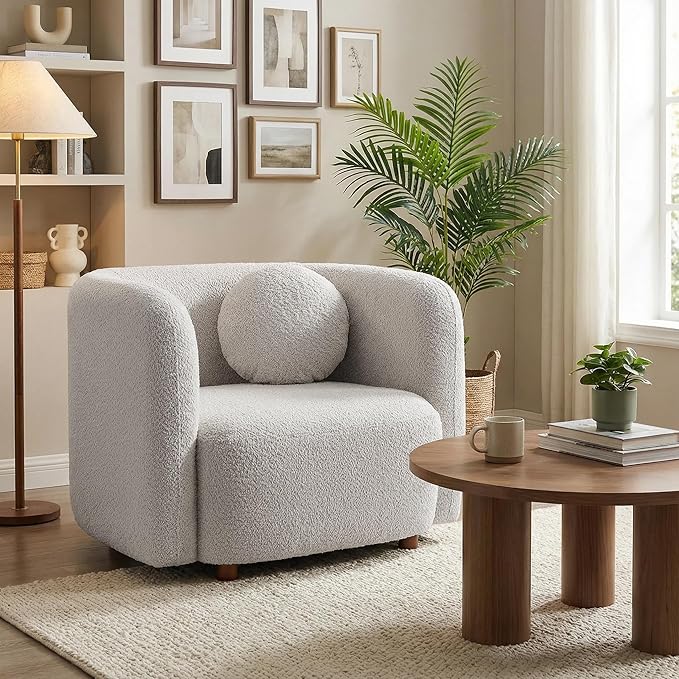 Modern Boucle Accent Square Sofa Chair Oversized Single Cloud Couch Chair Japandi Style 1-Seater Armchair with Thick Foam Comfy Boucle Chair for Living Room &amp Bedroom White