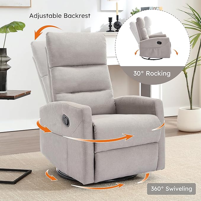 360° Swivel Rocking Chair for Nursery Manual Glider Chair Nursing Chair with Side Pockets Polyester Glider for Living Room Heavy Duty Motion Mechanism Light Gray