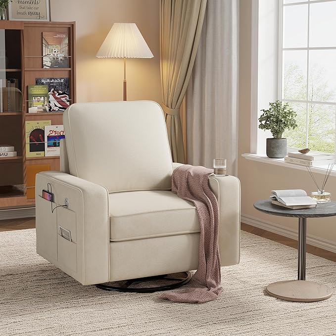Swivel Square Accent Chair with Wide Armrests360° Rotating Comfy Single Sofa Chairs with USB/Type-CCup Holder &amp Side PocketModern Armchair for Living Room Bedroom Reading Lounge NookBeige Whit