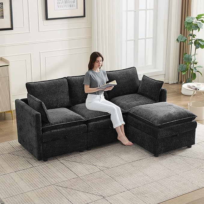80 Cloud 3 Seater Sectional Modular Couch with Storage Ottoman Upholstered Storage Sofa Modern Couch Deep Seat Chenille L Shape Sofa Comfy Couches with Armrests for Living Room Small Space Black