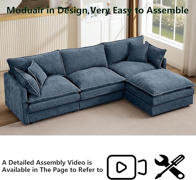 102 L-Shaped Sofa for Living RoomModular Sectional Cloud Sofa Couch with OttomanModern Chenille 3 Seater Sofas with Deep SeatSmall L Shaped Couches for Bedroom (Blue 102)
