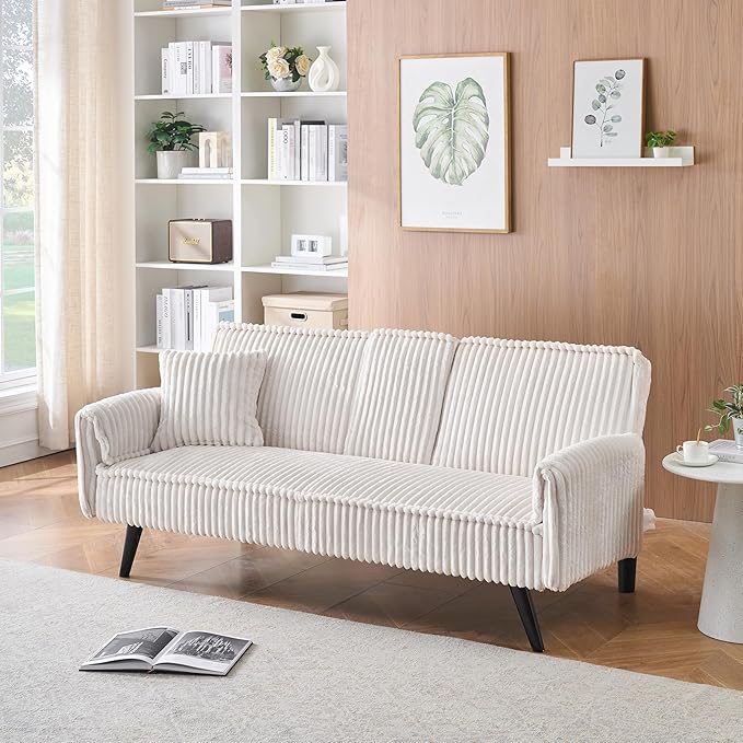 72'' Fabric Loveseat Sofa Comfy Corduroy Couch with 2 Embedded Teacup Holders 2 Seater Sofa with Adjustable Backrest Modern Small Convertible Futon Sofa Bed for Living Room Apartment (White)