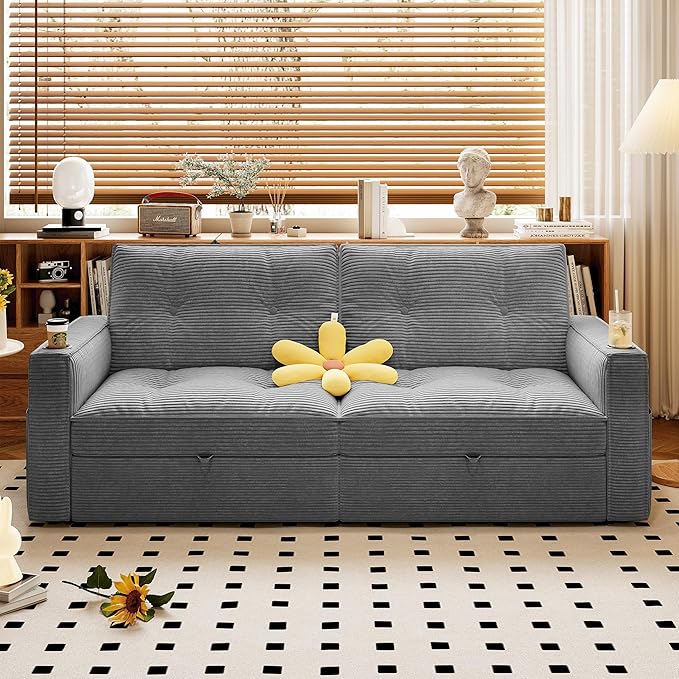 73.2 inch 2-in-1 Convertible Sofa Bed with Cup Holder | Space-Saving Sleeper for Small Apartments Dorms &amp Offices | Guest Ready in Seconds(Grey +Corduroy)