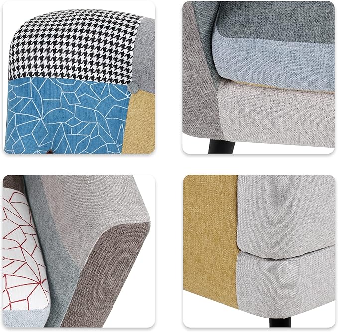 Patchwork Accent Chair Mid Century Modern Fabric Club Chair for Bedroom Comfy Colourful Single Sofa Chair for Livingroom Bedroom Office Study and Reading Room