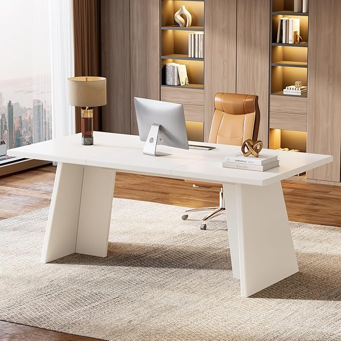 Tribesigns White Executive Desk 63 Large Office Computer Conference Meeting Table with Wooden Robust Pedestal Simple Modern Workstation Business Furniture for Home Office