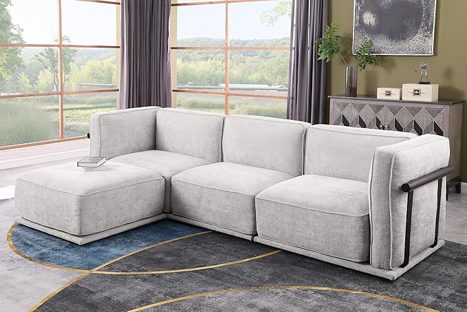 120 Modular Sectional Sofa with Ottoman L Shaped Chenille Fabric Couch with External Metal Frame Stable &amp Firm Modern Sofa for Living Room