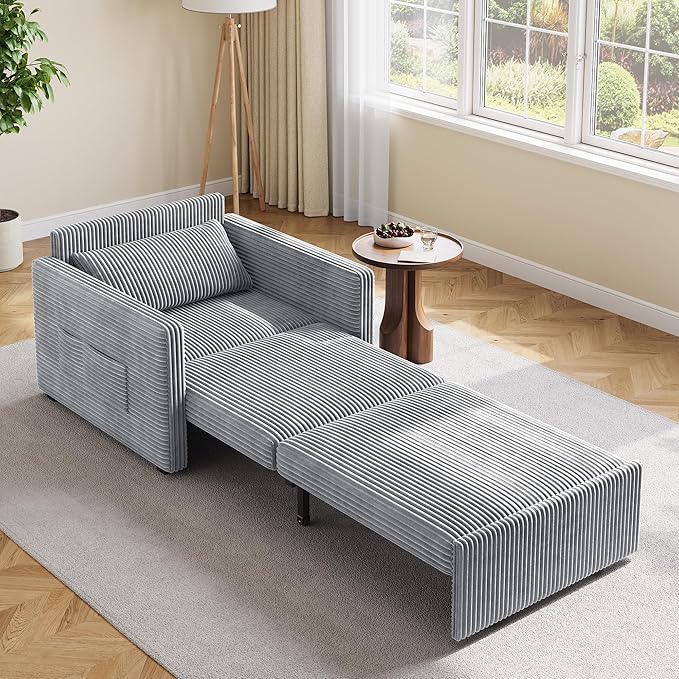 Ahomly 3 in 1 Convertible Sleeper Chair Corduroy Single Sleeper Sofa Bed for Adults 75.2 Long Pull Out Chair Bed with Side Pockets for Living Room Small Place Gray