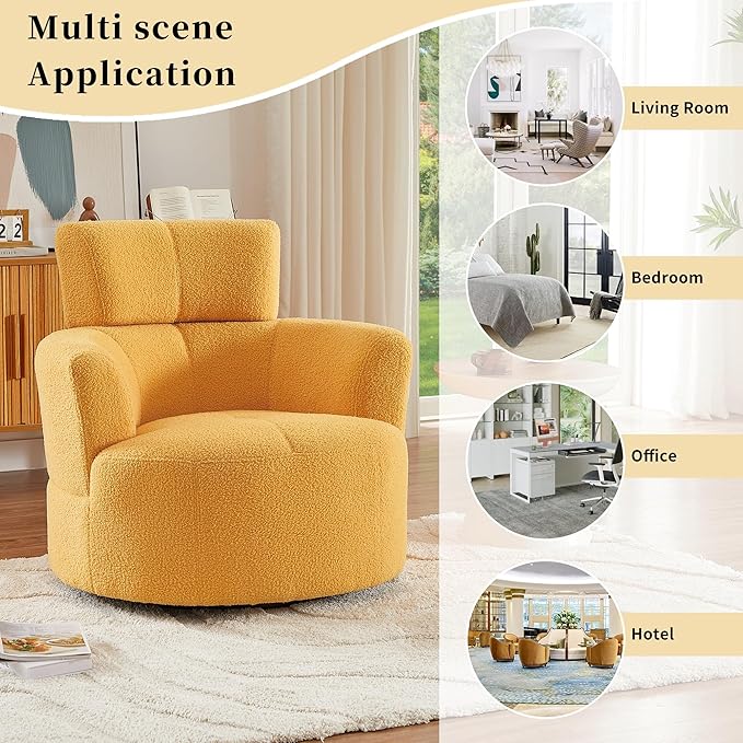 Swivel Accent ChairBedroom Barrel Chairs with Seat CushionModern 360° Soft Berber Fleece Fabric Circle Chair with Adjustable Headrest for Living Room (Yellow)