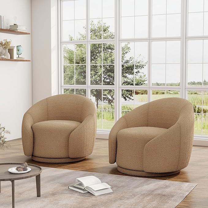 Swivel Barrel Accent Chair 360° Small Round Sofa Chair Comfy Modern Reading Armchair for Living Room Bedroom (Boucle Light Brown Set of 2)