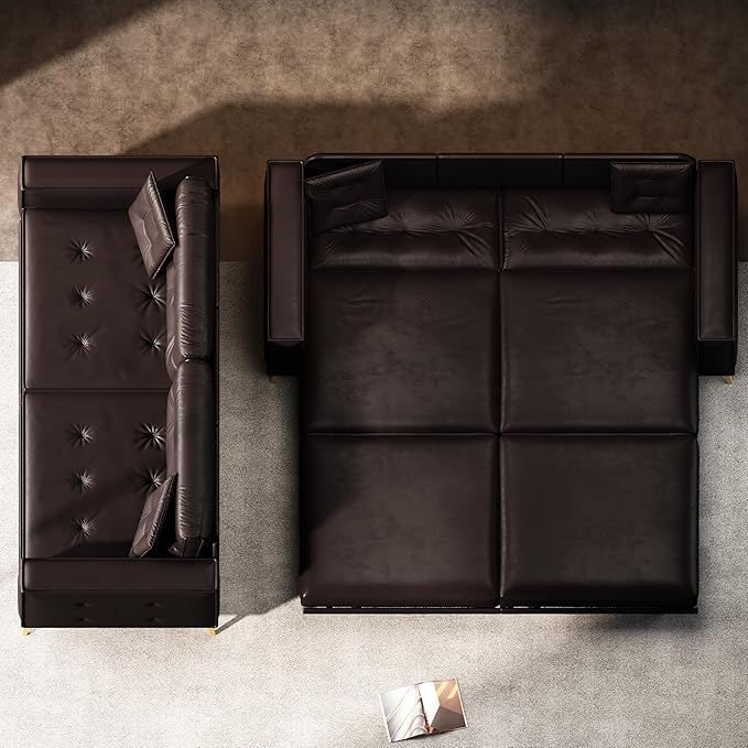 92.1 King Size 4-Seater Pull Out Sofa Bed 3 in 1 Faux Leather Convertible Sleeper Sofa with Ultra Wide Armrests Tufted Couch with 2 Pillows for Living Room Apartment Dark Brown