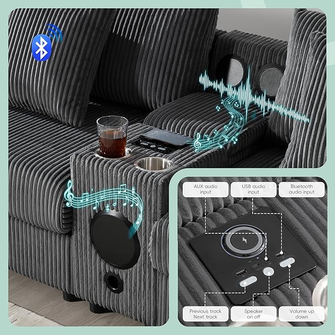 Sectional Sofa Corduroy Cloud Sofa with Bluetooth Speakers L-Shaped Couch with Console USB Charger Cup Holders Storage 6 Seats Deep and Wide Seat Couch for Living Room (Dark Grey)