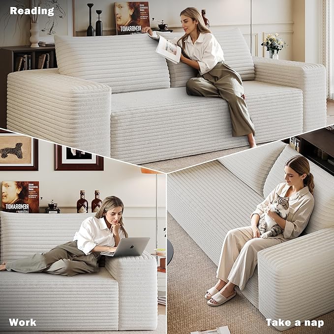 71 Corduroy Boneless Couch 2-Seater Compression Sofa with 3 Throw Pillows No Assembly Required Comfy Loveseat Sofa in a Box Modern Couches for Living Room (White 71 inch) | Breathable Material