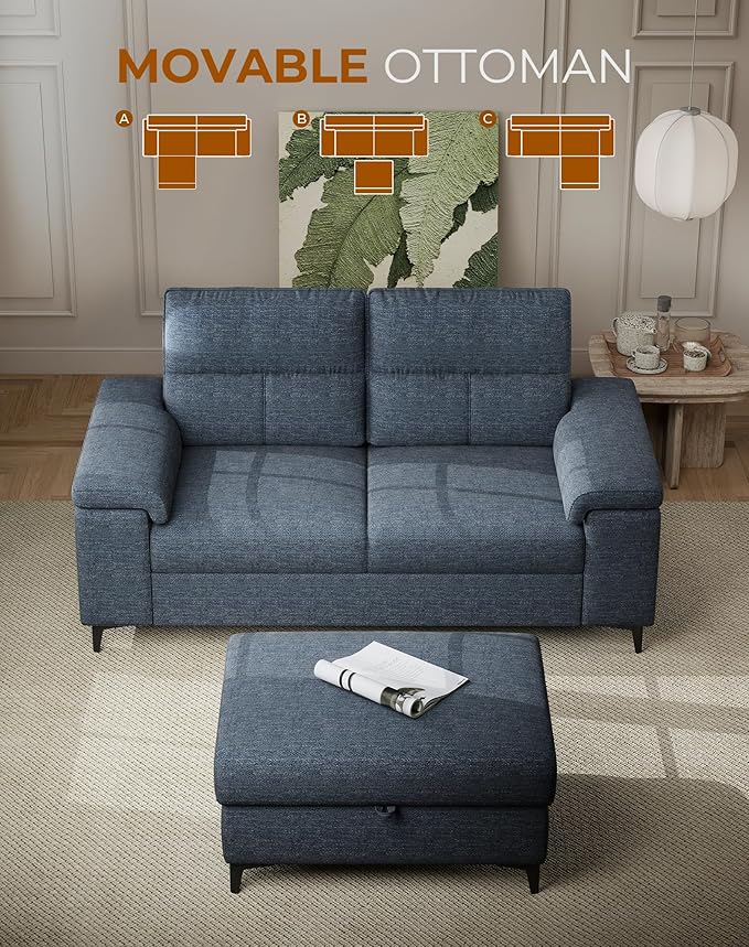 71.25 L Shaped Sectional Couches for Living Room Deep Seat Sofa with Big Storage Ottoman &amp 8”Cushion Comfy 2-Seater Chenille Loveseat Convertible Armrest Removable Cover for Small Space(Blue)