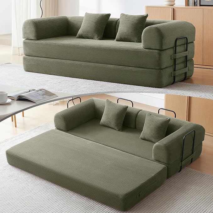 Sleeper Sofa Comfy Convertible Folding Couch-Futon-Corduroy Fabric Sleeper Sofa Bed with 2 Pillow Removable Soft Cushion for Small Living Room Dorm/Bedroom/College/Office (Light Green)