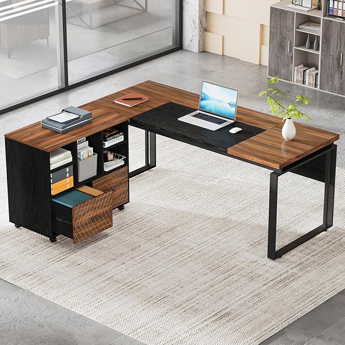 Tribesigns L-Shaped Executive Desk with Reversible File Cabinet 63 Office Desk with Storage Drawers L-Shaped Computer Desk with Drawer Cabinet for Hanging Letter Size Files (Brown+Black)