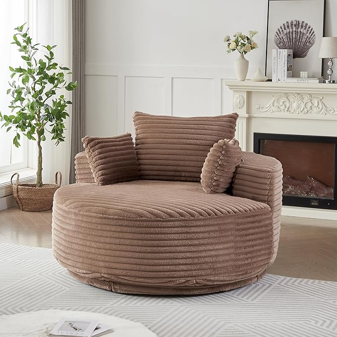 55''L Round Swivel Accent Chair Oversized Plush Corduroy Modern Swivel Barrel Chairs Upholstered Cozy Reading Chair for Living Room Bedroom Home Office (Corduroy Brown)