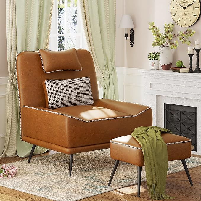 ALISH Modern Accent Chair with Ottoman Upholstered Chair and Ottoman Set Comfort Single Sofa Chair with Removeable Cushion for Living Room Bedroom (PU Brown)
